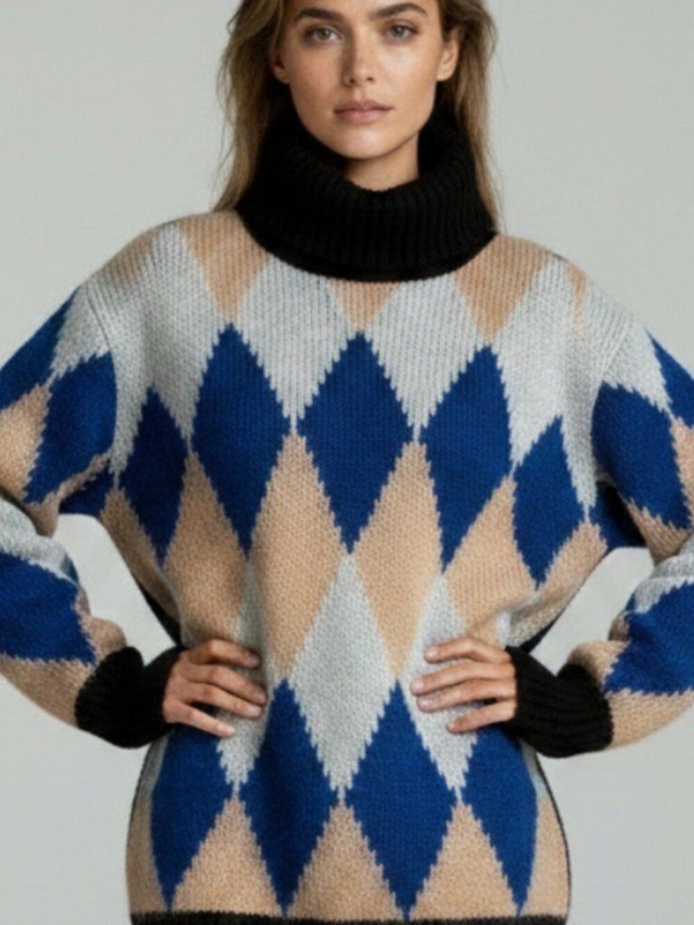 Tory Burch Argyle Libby Mohair Diamond Block Cowl neck Sweater Large Blue Black